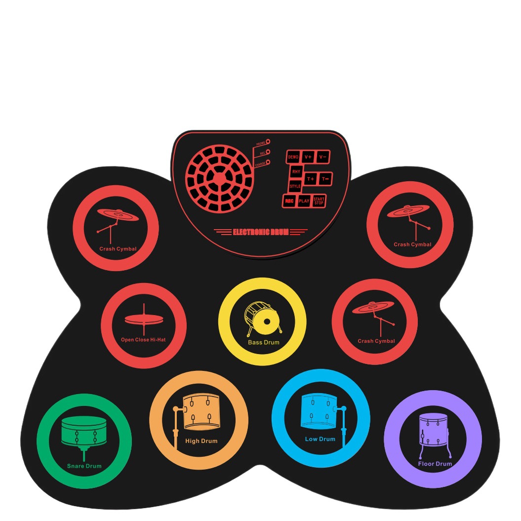 Tambor digital colorido para niños con bocina, instrumento musical con batería de litio incorporada, regalo de Navidad de silicona, tambor digital enrollado a mano