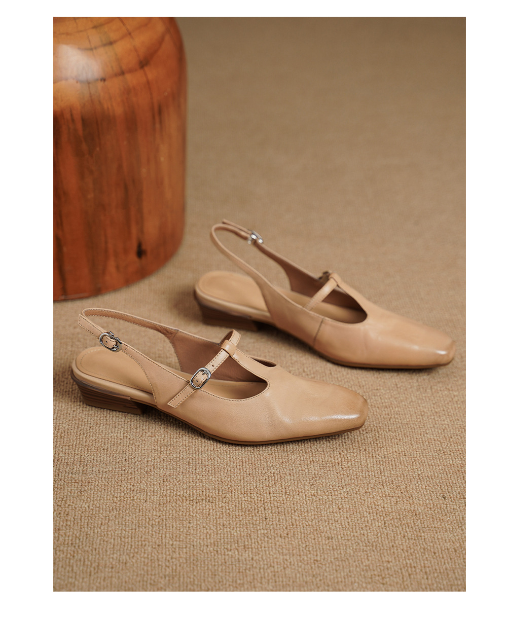 Sandal nữ quai ngang da bò gót vuông 3 cm khóa T — màu trắng ngà chi tiết 12