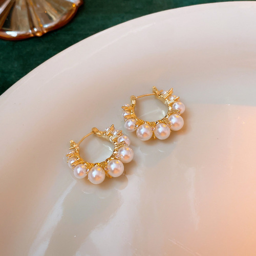Real gold electroplated silver needle zircon double circle pearl oval earrings fashion retro light luxury temperament earrings new earrings