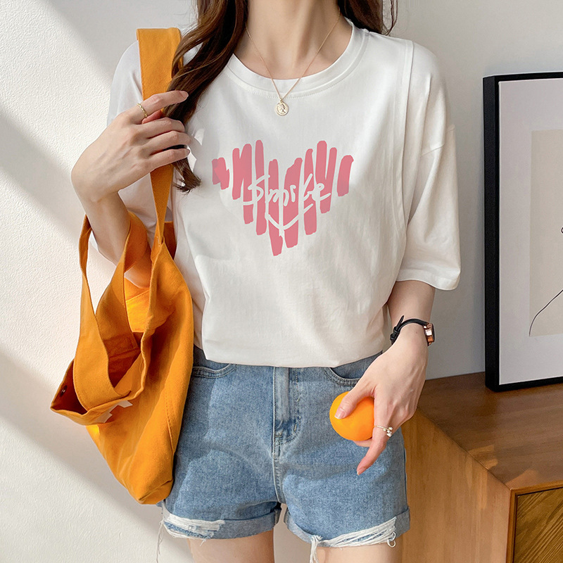 6545-80 흰색 인쇄 핑크 영어 사랑 [짧은 소매 느슨한 버전]]