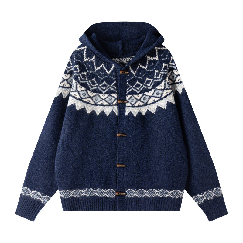 Jacquard otoño y invierno hombres retro cardigan encapuchado corn hebilla casual simple jersey de punto hombre suéter de moda explosiva