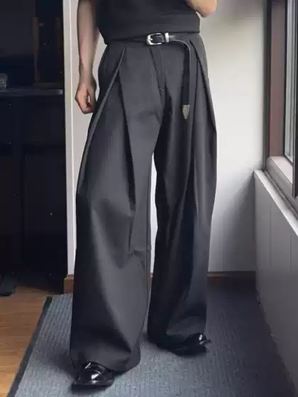 Men's A-Line Dress Pants with a Draping Effect, Knife Pleats, Loose Fit, Double Pleats, Casual Floor-Length Pants for Summer 2025