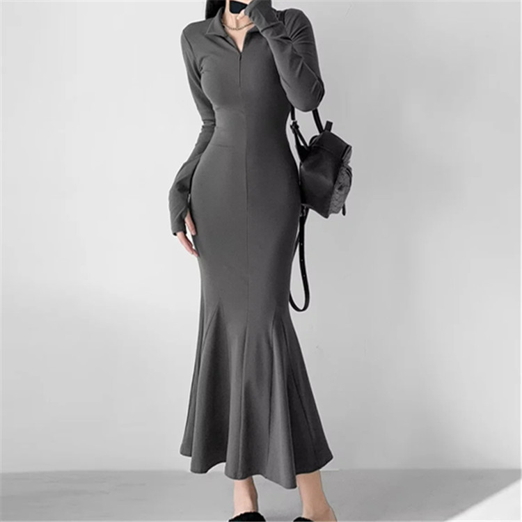 Sexy pure style hourglass mermaid skirt large swing fishtail skirt long sleeve dress women's spring lapel half zipper dress