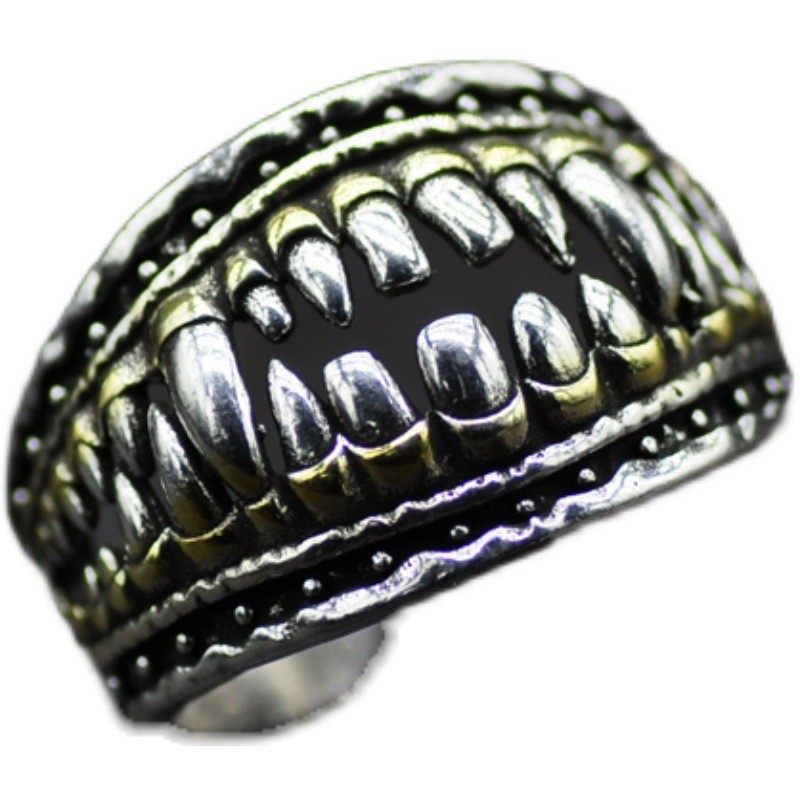 vintage thai silver devil teeth wide circle devil ring men handmade ornament japanese， korean， european and american fashionable ethnic style men and women