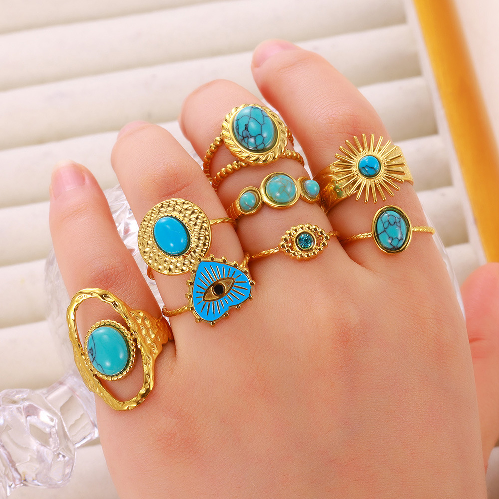8g Weight Wholesale Jewelry Retro Devil's Eye Heart Shape 304 Stainless Steel Turquoise Plating Open Rings