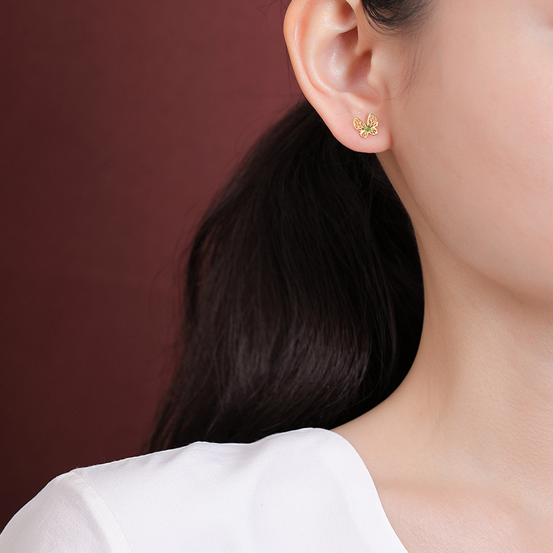 Bông tai bạc S925 mạ vàng hình bướm rỗng phong cách retro — Kiểu màu bạc