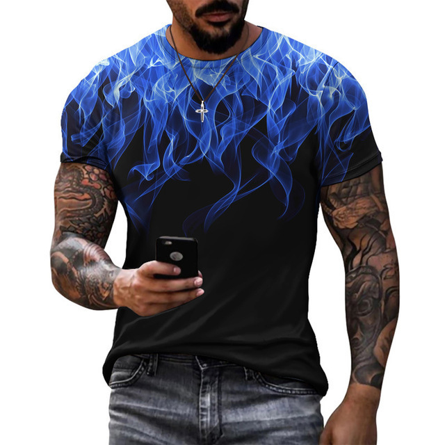Flame 3D Print T-Shirt Men Street Hip Hop T-Shirt Summer Fashion Fire Pattern Casual Street Popular Male Short