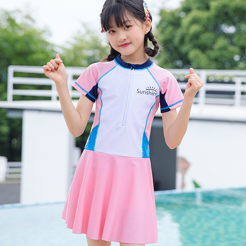 Traje de baño de los niños nuevo lindo estilo deportivo de una pieza princesa vestido niña medio y niños grandes con almohadilla de pecho caliente primavera traje de baño