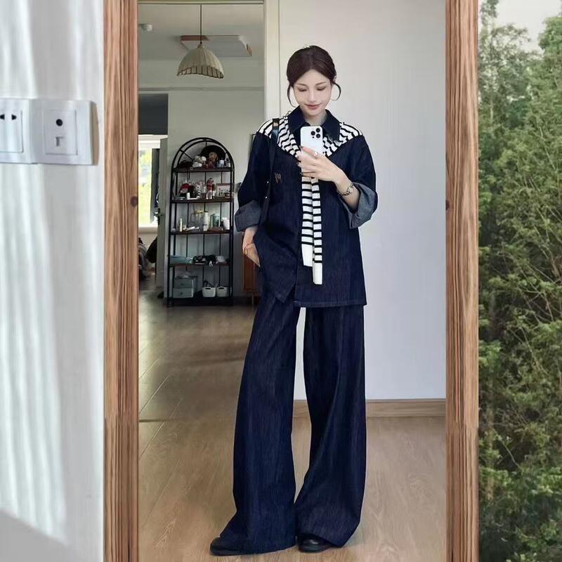 Korean College Striped Shawl Denim Suit Women's Autumn New Long-Sleeved Shirt High-Waisted Wide-Leg Pants Three-Piece Set