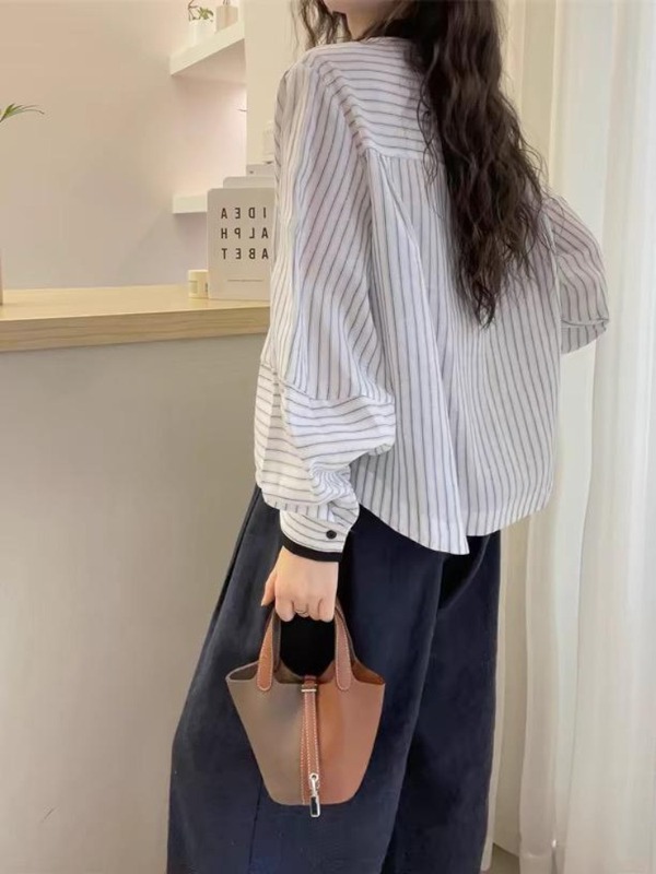灯笼袖竖条纹休闲衬衫女2025早秋新款女设计感上衣条纹衬衣A6447|undefined