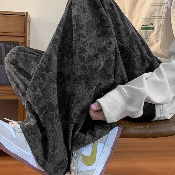 Pantalones vintage marrón Jacquard completo impreso overoles de pierna ancha primavera americana calle pantalones casuales sueltos