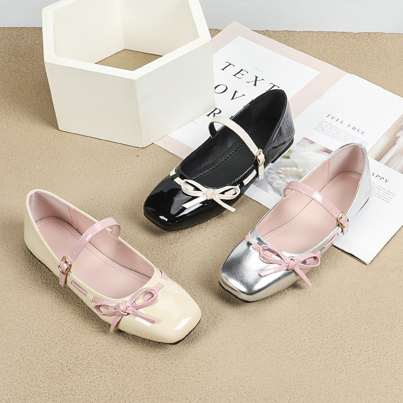 프랑스 스타일 봄과 가을 달콤한 활 실버 플랫 힐 메리 제인 여성 신발 얕은 입 플랫 싱글 신발 버클