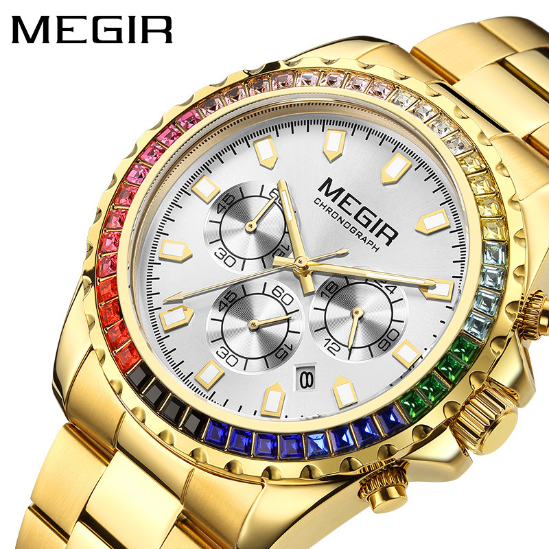 Orologio da uomo al quarzo con lunetta arcobaleno tempestata di diamanti, impermeabile e con calendario luminoso._voghion.com