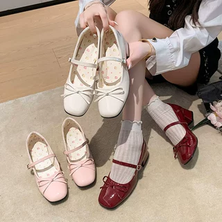 法式绝美浅口粗跟单鞋女2026新款甜美少女蝴蝶结配裙子温柔芭蕾鞋