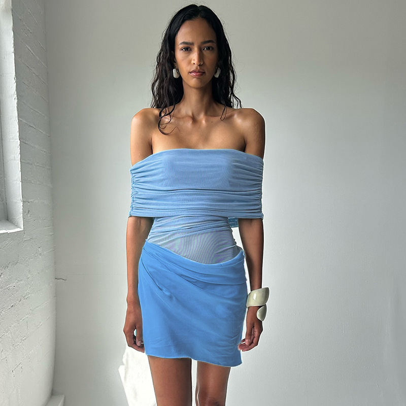 Transfronterizo 2025 primavera y verano nuevo estilo de ropa de mujer europea y americana sexy una palabra hombro malla empalmado cintura abierta vestido plegado delgado image 4