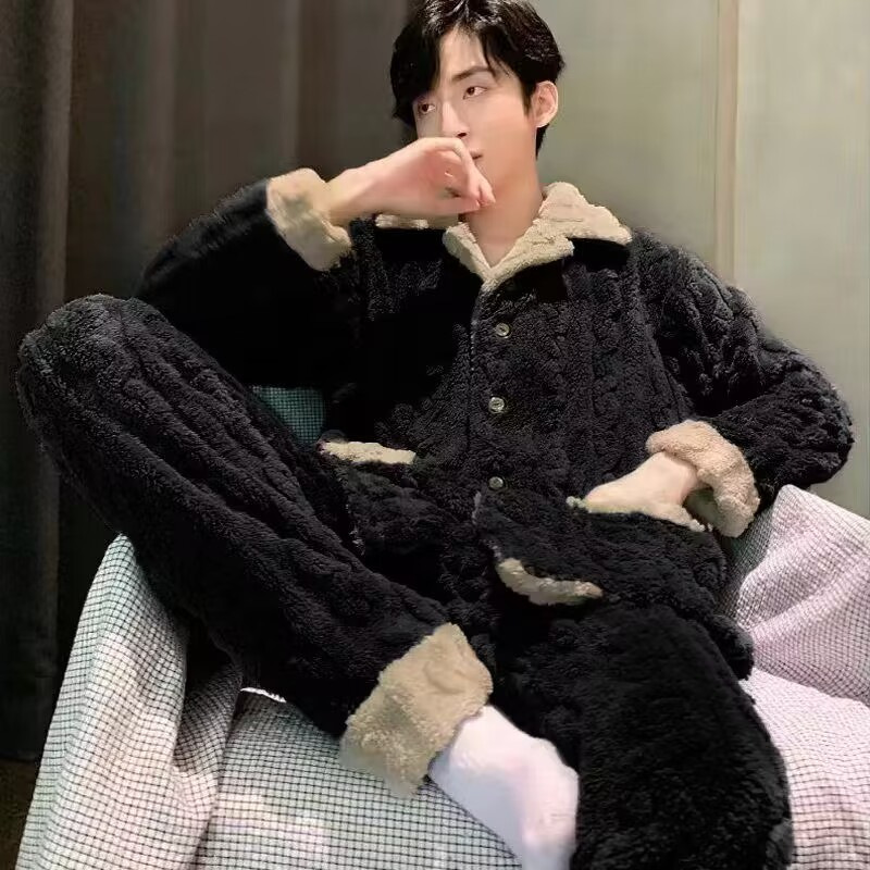2024 새로운 잠옷 남자 겨울 산호 양털 기모 두꺼운 옷깃 카디건 간단한 남자 홈 의류 세트