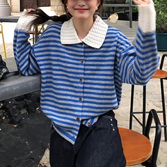 小香风条纹polo领长袖毛衣针织衫女早秋季慵懒松弛感穿搭外套上衣