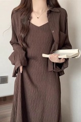 大码吊带裙配开衫两件套秋季裙子胖mm遮肚显瘦连衣裙女微胖套装