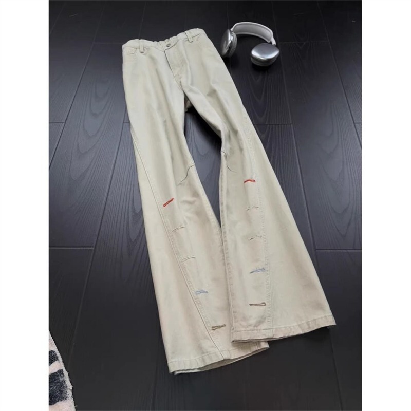 American Retro Washed Denim Jeans with Colorful Embroidered Buttonholes for Men, Spring/Summer Trendy Straight-Leg Flared Work Pants American Retro Washed Denim Jeans with Colorful Embroidered Buttonholes for Men, Spring/Summer Trendy Straight-Leg Flared Work Pants