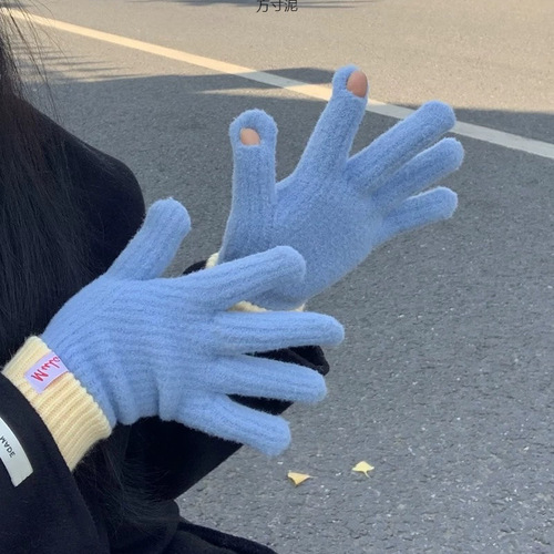 Knitted cashmere gloves for women, winter touch screen lined warm and thick cold-proof finger-separated Korean-style yarn gloves trendy