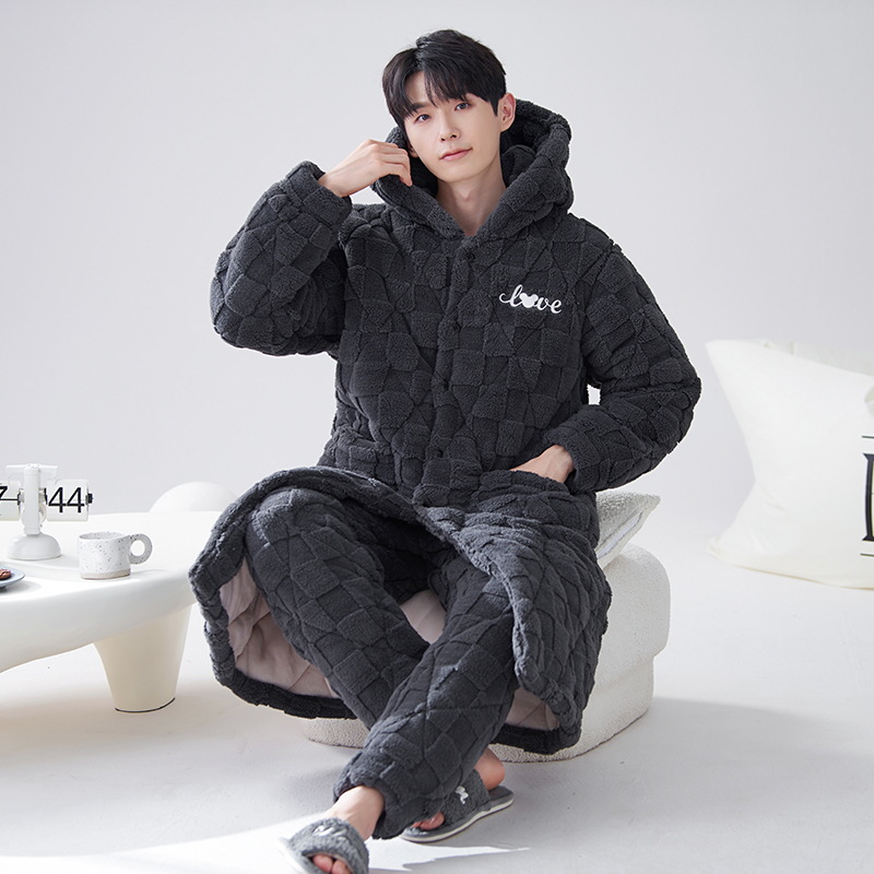 Pijamas de invierno para hombre 2024, bata acolchada de tres capas de longitud media, forro polar coral cálido con capucha, informal y grueso para uso exterior