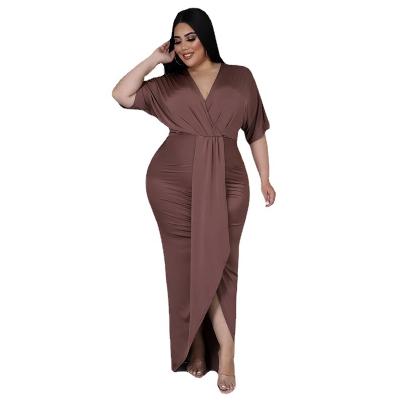 Vestido elegante de manga corta verde para primavera y otoño, falda irregular de color sólido, vestido versátil de talla grande para la hora del té.