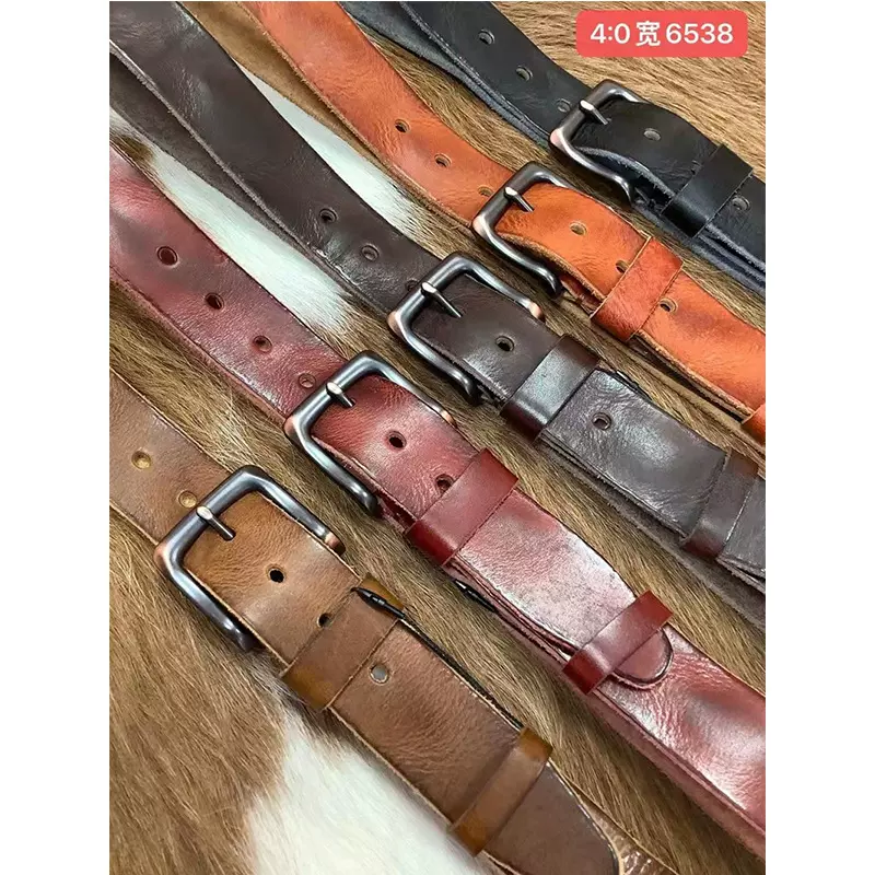 头层牛皮腰带男士素面水洗简约合金扣6538#4.0宽针扣牛皮腰带批发