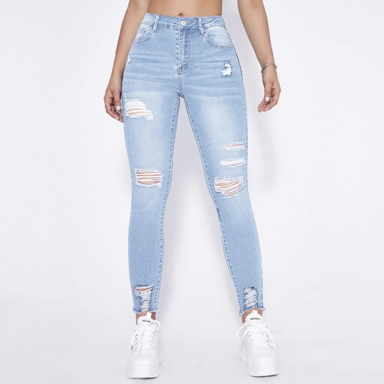 Jeans Ajustados para Mujer de Mezclilla de Algodón, Elástico, Cintura Alta, Roto