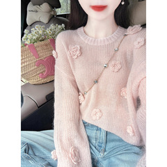 優しい風の立体的な花の丸首のセーターの女性2025夏の新型の怠惰な風はゆったりしていて痩せているニットの上着を現します。
