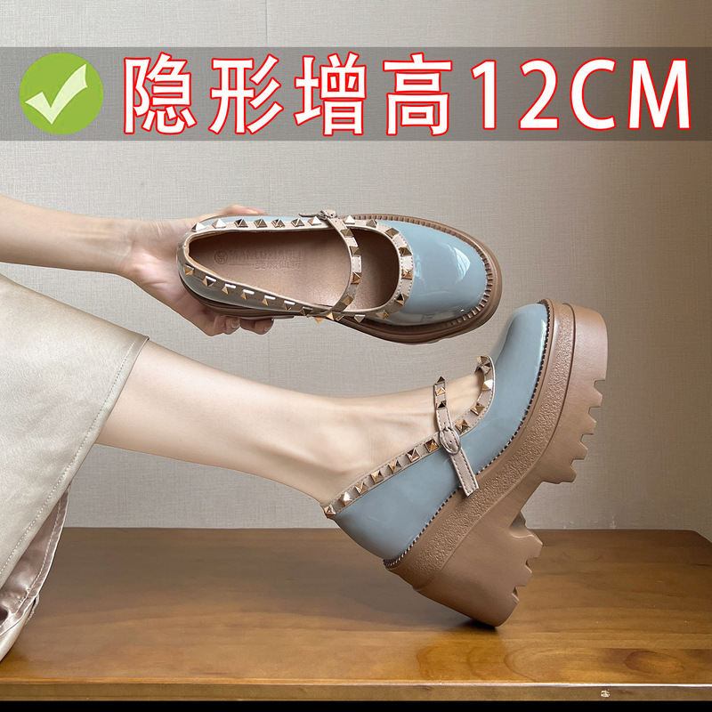 2025 New Style Shallow Mouth Rivet Commuter Mary Jane Shoes 12cm Internal Height Increase French High-Heeled Patent Leather Shoes for Women 2025 New Style Shallow Mouth Rivet Commuter Mary Jane Shoes 12cm Internal Height Increase French High-Heeled Patent Leather Shoes for Women