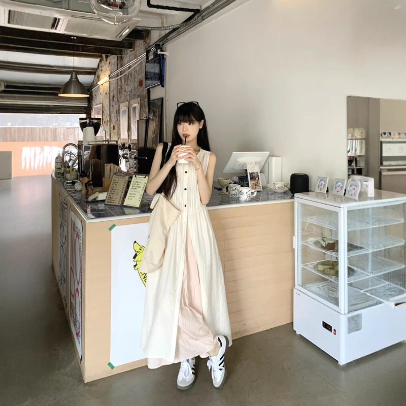 Real Shot~ Korean Style Chic Summer New Loose Casual Shirt Sleeveless Vacation Dress Mid-Length Skirt 77990