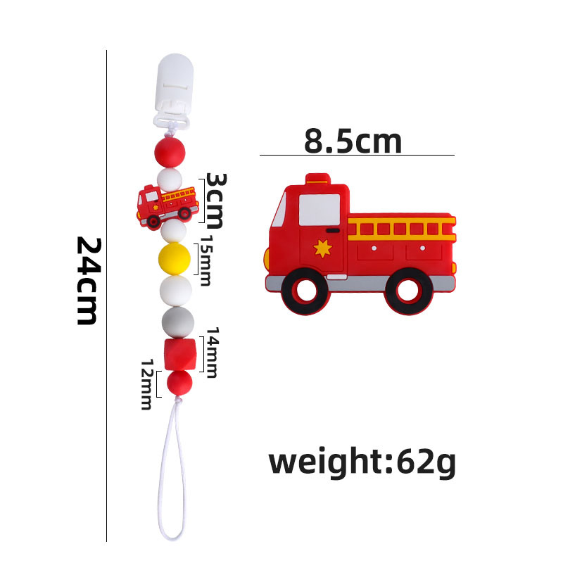 Suministros de bebé plástico clip duckbill camión bomberos juguete mordedor bebé calmante silicona chupete cadena dientes