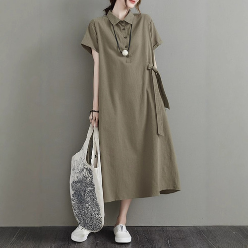 Cross-border new style Japanese solid color cotton and linen lapel short-sleeved loose pocket women's casual dress