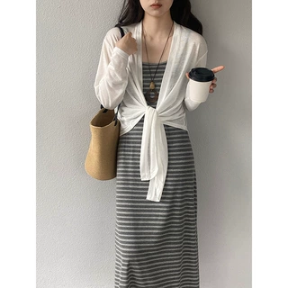 江左 休闲计划 韩系松弛感百搭条纹吊带连衣裙开衫两件套女夏9967