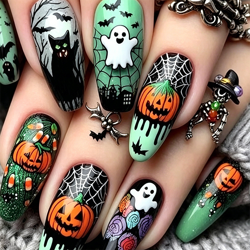 Halloween Party Themed Nail Art European and American Cross-Border Ghost Pumpkin Press-On Nails Dark Style Press-On Nails Wholesale Halloween Party Themed Nail Art European and American Cross-Border Ghost Pumpkin Press-On Nails Dark Style Press-On Nails Wholesale