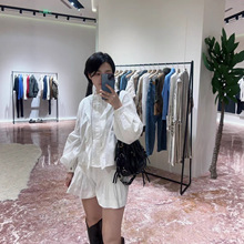 南油高版本批发法式优雅风琴褶皱荷叶边圆领宽松衬衫+休闲短裤女