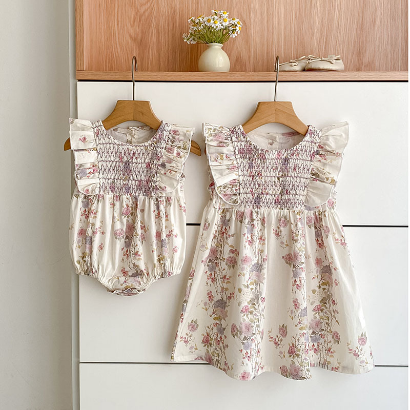 Girls' Summer New French Floral Cable Sleeveless Dress Baby Clothes Romper Children's Matching Outfits
