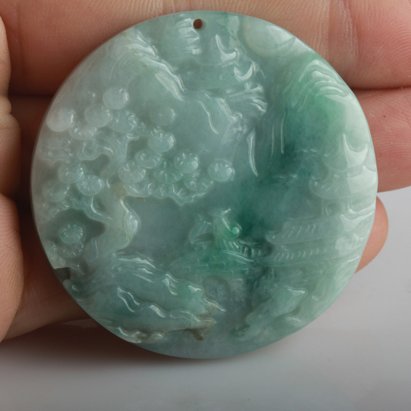 缅甸翡翠A货山水吊坠 花件牌子 山水方牌 圆形牌子代出证书