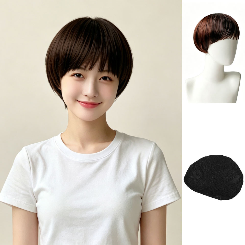 Venta al por mayor de fábrica peluca femenina pelo corto recto cabeza de hongo flequillo recto cara redonda lindo pelo corto fibra química sombrero entrega de una pieza