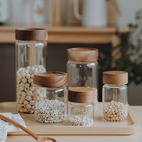 Household food-grade glass storage jar coffee beans whole grains tea sealed jar kitchen wooden lid storage bottle