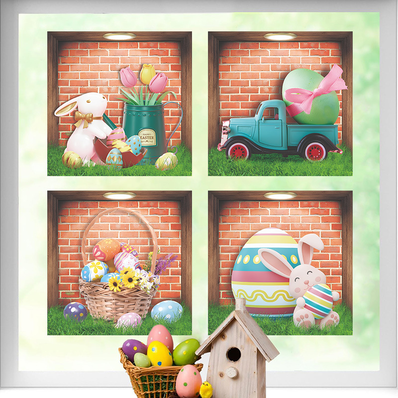 Nuovo adesivo da parete autoadesivo in PVC per decorazione domestica 3D di Pasqua, a forma di uovo, per finestra e coniglio._voghion.com