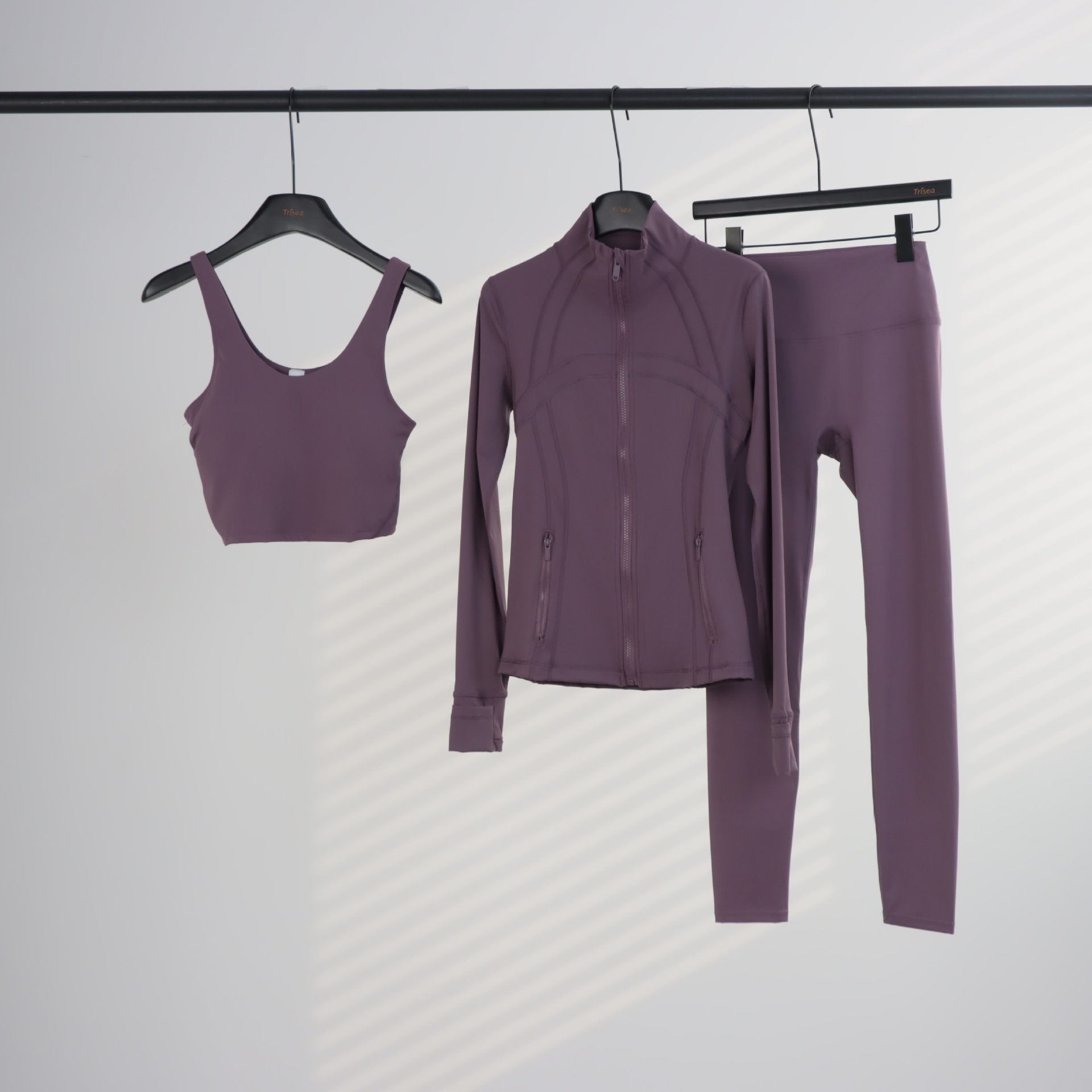 Conjunto de yoga LULU de tres piezas: chaqueta, camiseta sin mangas con cuello en U y leggings de cintura alta para mujer.