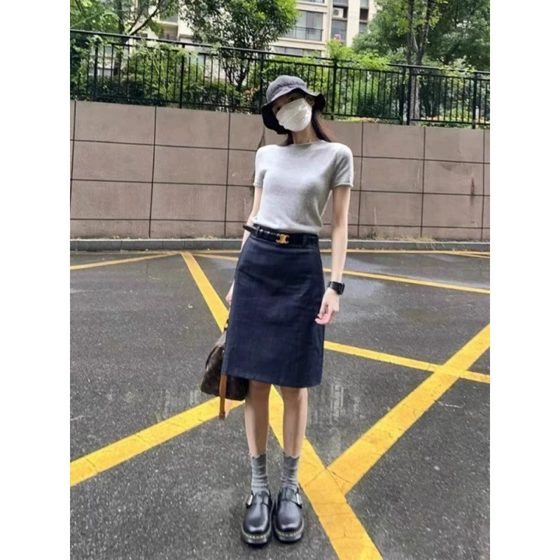 Плюс размер, темно-синяя джинсовая юбка в стиле ретро, ​​женская летняя тонкая толстая мм, простая универсальная повседневная короткая юбка трапециевидной формы, средняя юбка