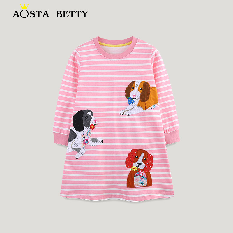 AostaBetty 26 Autumn Girls' Dress Cartoon Animal Embroidered Princess Dress European and American Style Striped Children's Dress