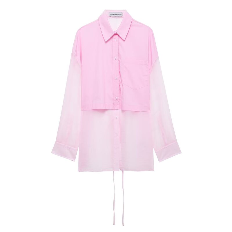 Women's Transparent Hard Yarn Stitching Loose Fashion Drawstring Shirt Women's 2025 Spring European and American Style Long Sleeve Shirt Women's Transparent Hard Yarn Stitching Loose Fashion Drawstring Shirt Women's 2025 Spring European and American Style Long Sleeve Shirt