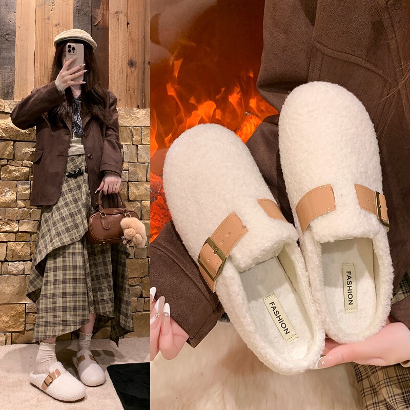 Furry Slippers for Women for Autumn and Winter Outer Wear 2025 New Velvet Snow Boots Baotou Half Slippers Internet Celebrity Style Cotton Slippers