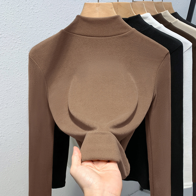 Camisa de fondo cepillada de doble cara para mujer 2023 nueva camiseta de manga larga con cuello alto elegante para mujer cálida Cintura interior ajustada