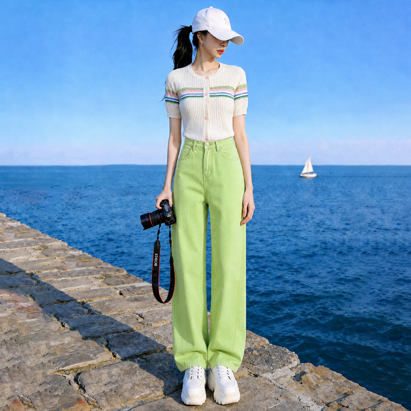 Korean Style Slimming and Age-Reducing Stylish Striped Patchwork Knitted Cardigan High-Waisted Jeans Simple Green Fashion Set for Women