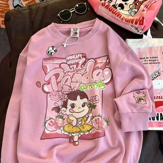 多巴胺秋季新款加绒卡通印花圆领卫衣女宽松休闲长袖上衣可爱风bf