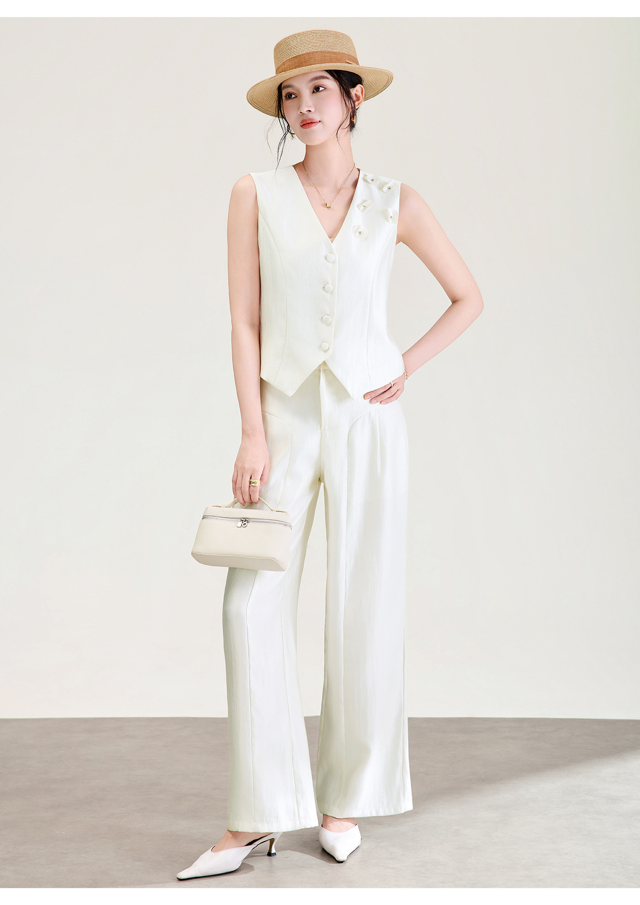 Bộ áo gile và quần ống rộng nữ phối vải linen pha tencel mát mẻ — Màu cà phê chi tiết 20